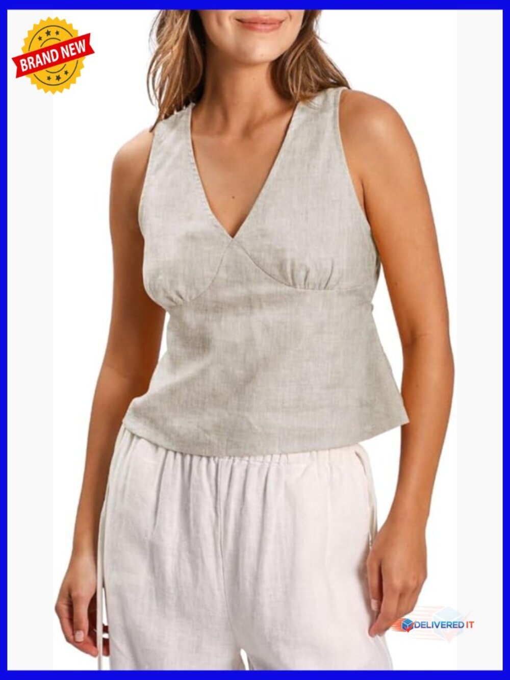 100% Linen V Neck Sleeveless Tank Top Ties Back